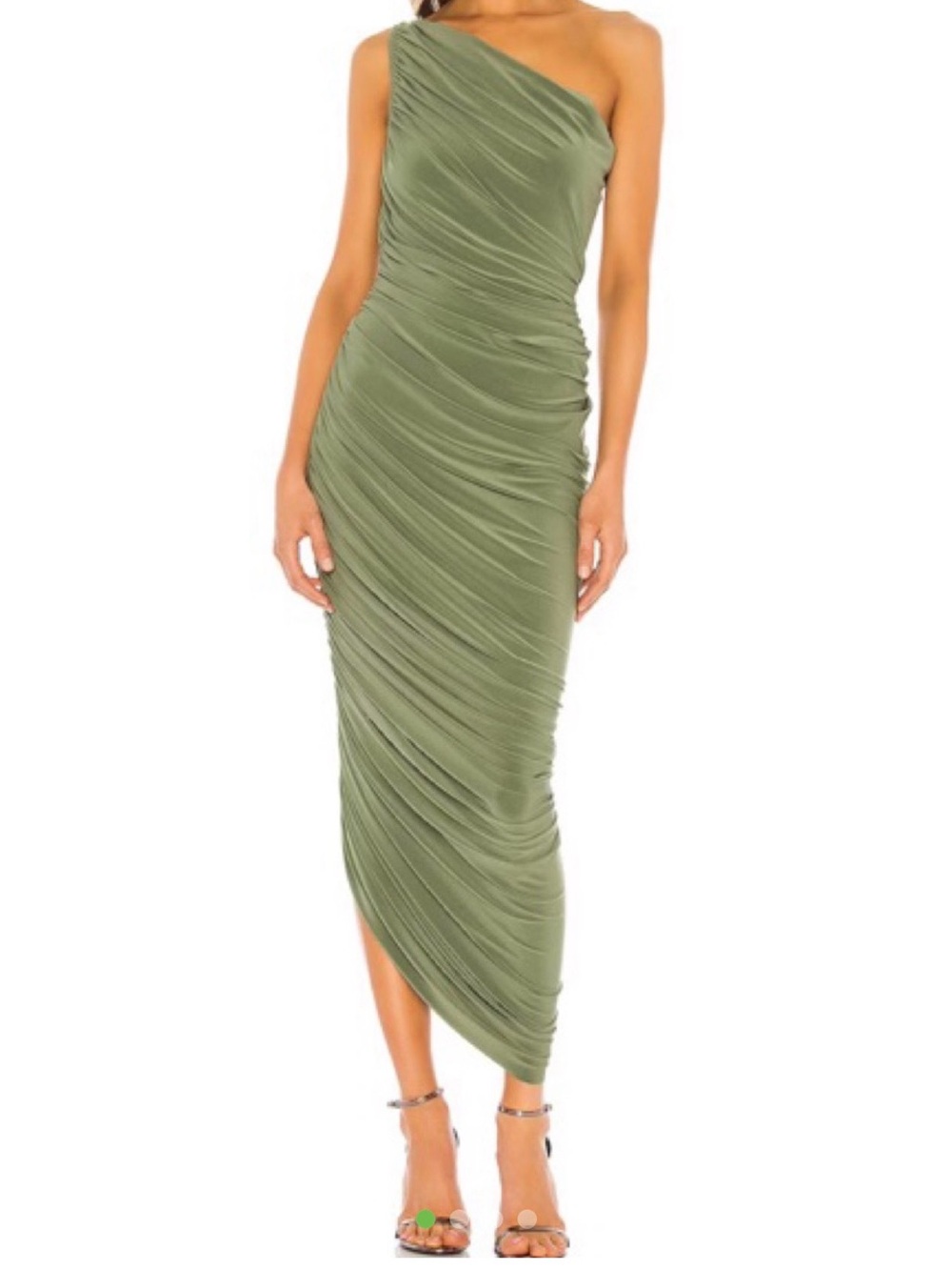 Norma Kamali Olive One-Shoulder Ruched Midi Dress
